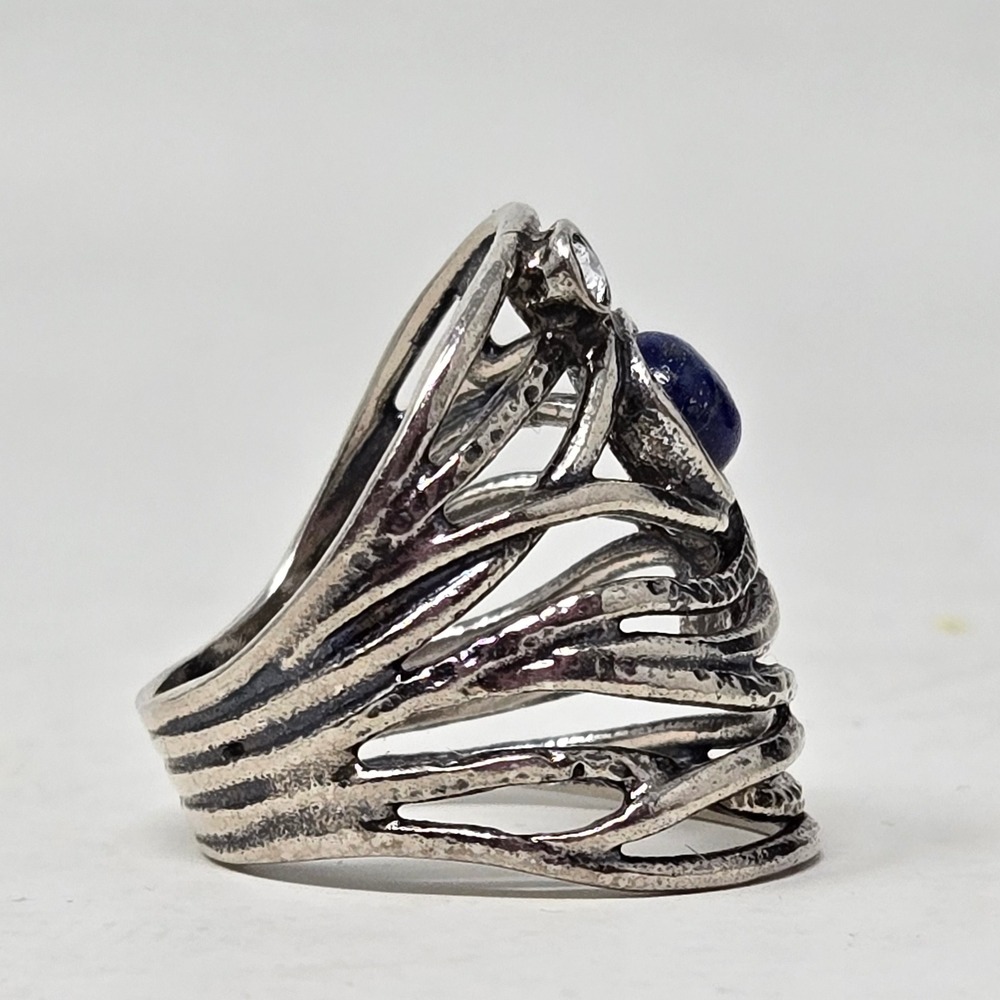 Orna Lalo Israel 925 Sterling Silver Lapis Lazuli CZ Wide Cage Band Ring Size 7 - Picture 9 of 9